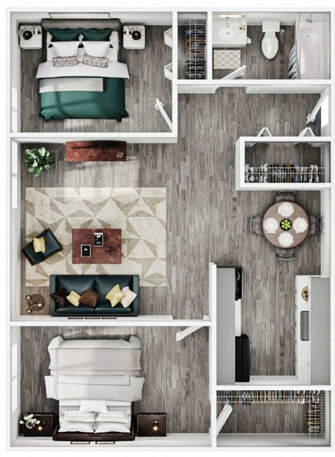 an aerial view of a bedroom with a bed and a desk